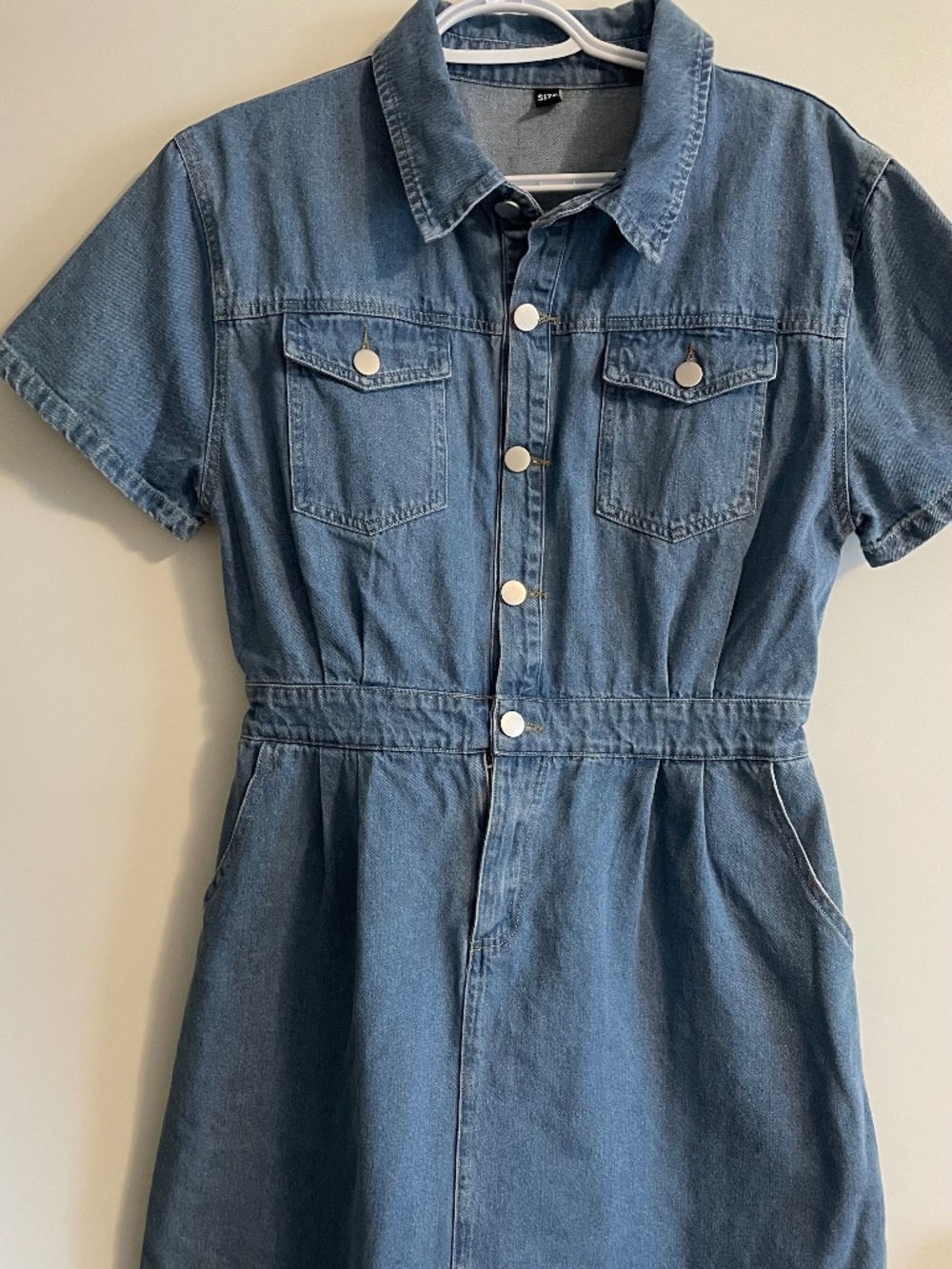 EUC Vintage Midi Short Sleeved Denim Dress Elastic Waist Button Front Pockets XL